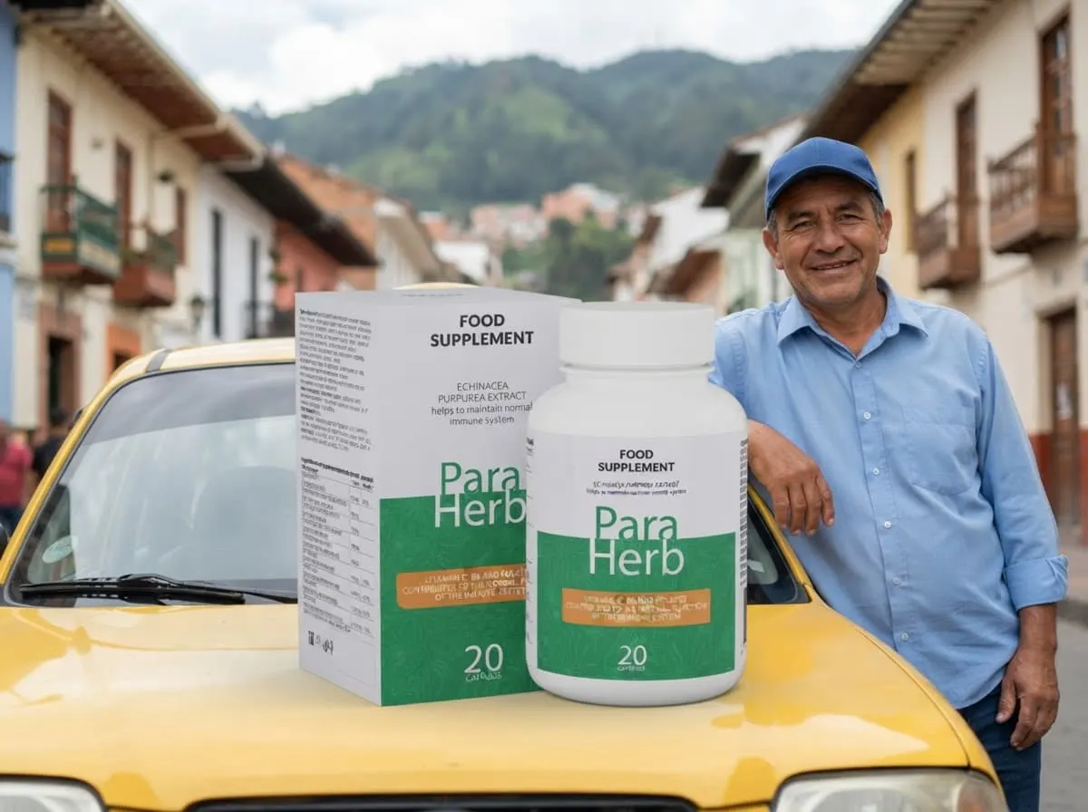 Taxista de Bogotá apoyado en su carro junto a la caja y el frasco de ParaHerb