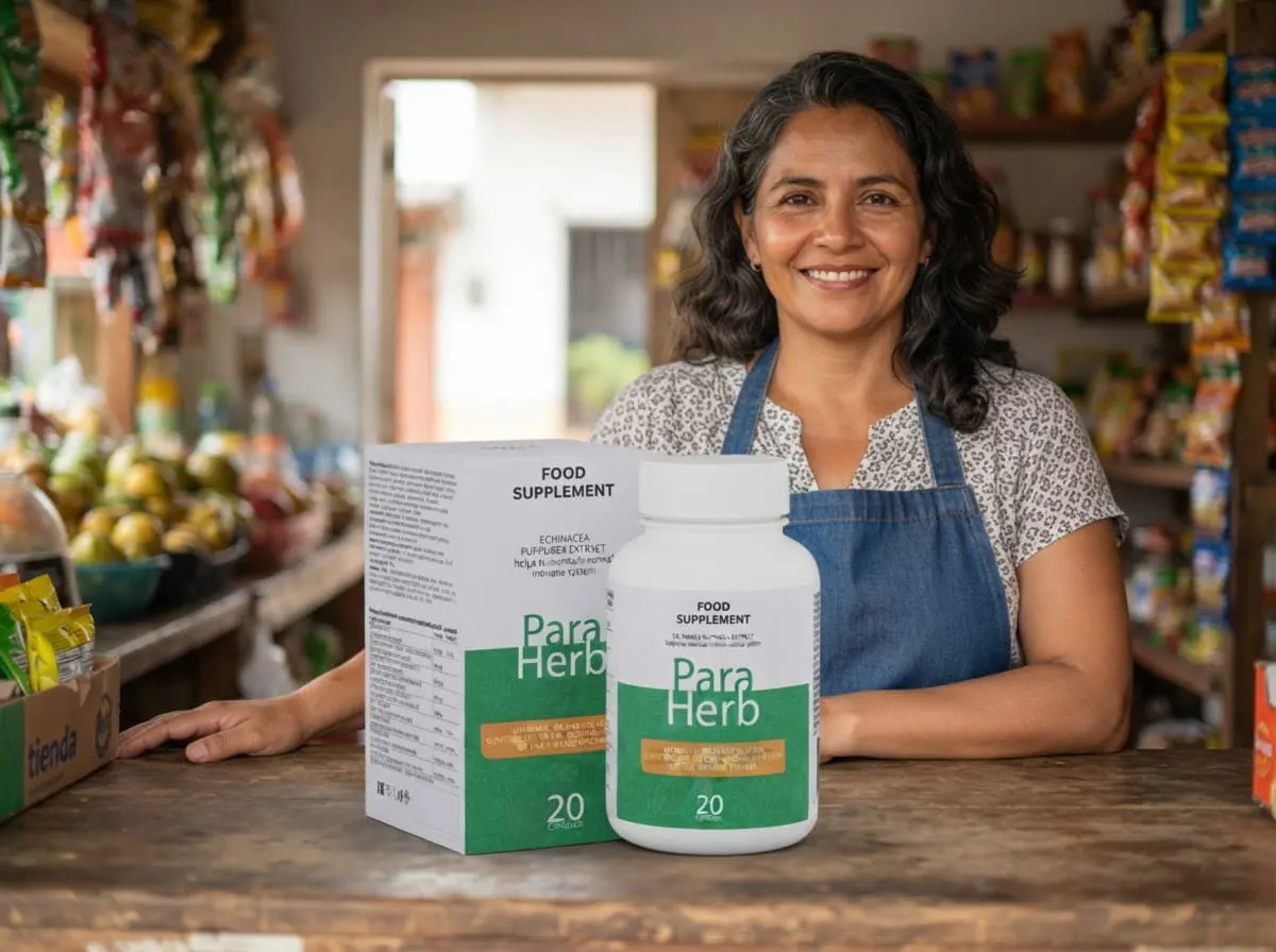 Dueña de una tienda de barrio con ParaHerb sobre el mostrador