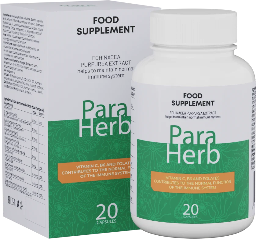 Frasco de ParaHerb con 20 cápsulas y su caja con la tabla de composición